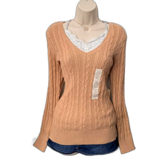 St. John’s Bay tan cable knit sweater v neck long sleeve - Picture 2 of 6